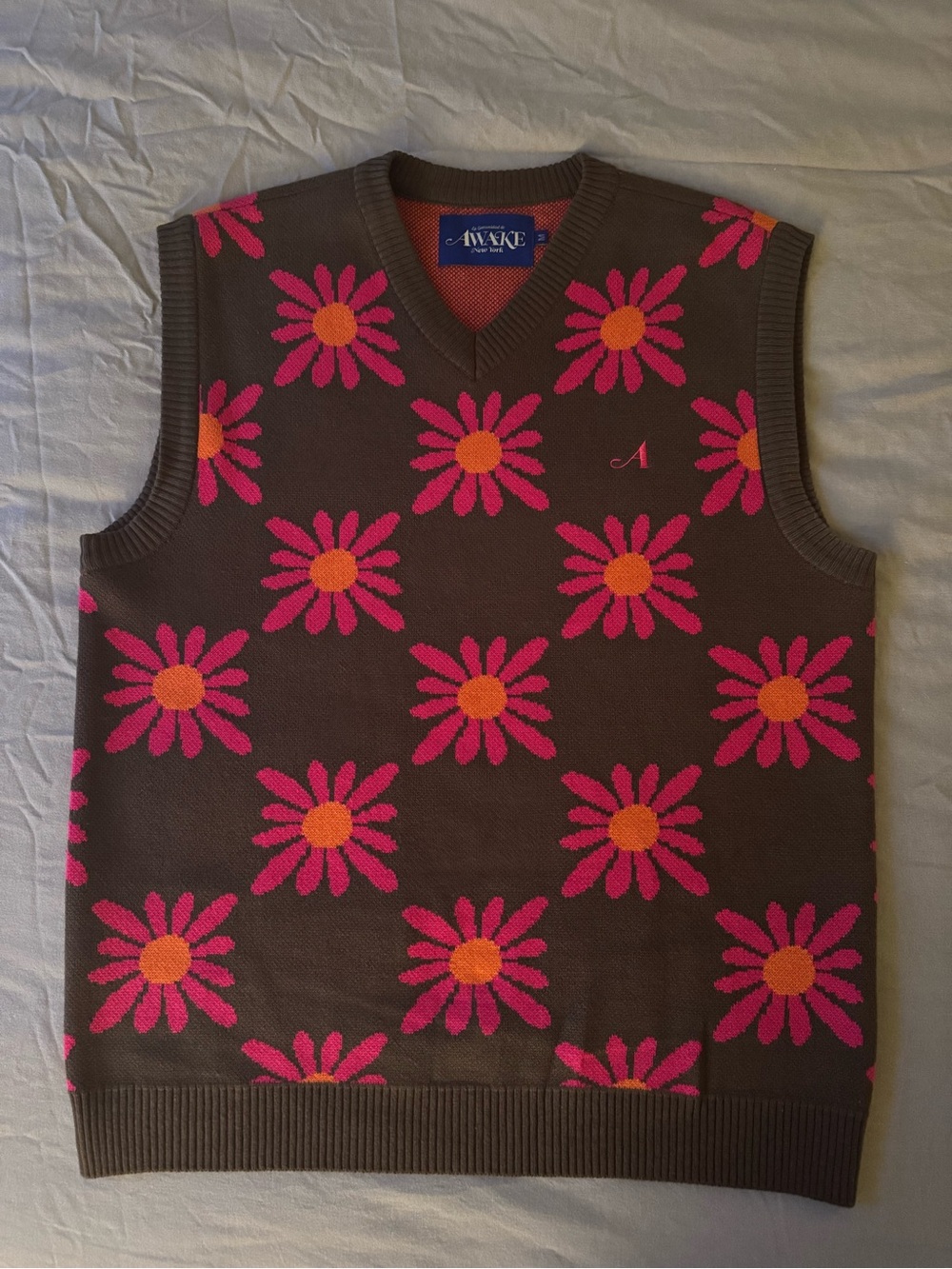 Awake NY Brown V-Neck Sweater Vest with Pink & Orange Daisy Pattern